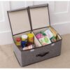 Foldable storage container with various items in it