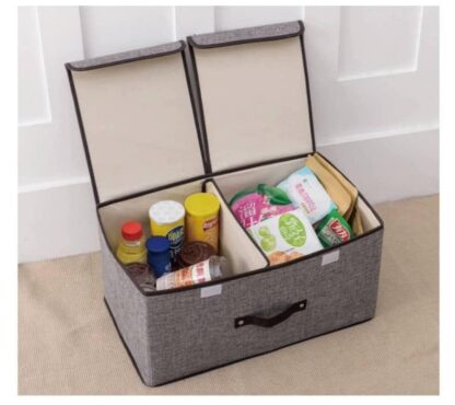 Foldable storage container with various items in it