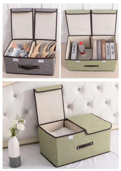 Foldable storage container with various items in it