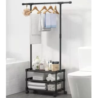 Minimalistic 3-Tier Clothes and Shoe Rack with coat towels on coat hanger on clothes rail other items on shelves