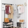 Two Minimalistic 3-tier Clothes and Shoe Rack with clothing on the clothes rail and shoes and other items on shelves