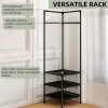 A tubular corner shelf and clothing rack with text describing different functional components