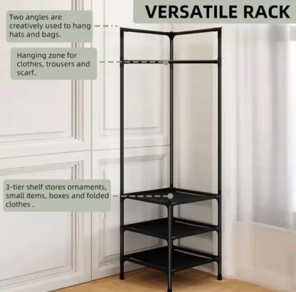 A tubular corner shelf and clothing rack with text describing different functional components