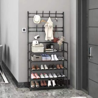 Minimalistic Shoe Rack and Clothes Organizer in black with shoes on shelves caps and shirts hanging from coat hooks