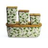 4 Piece Bamboo Bread Bin Fibre Set Green Leave 1