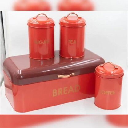 Metal Bread Bin Canisters Set arranged red