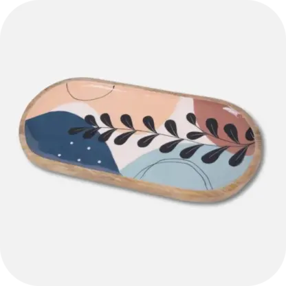 Oval Charcuterie Platter with a leaf pattern, the primary colours are blue, brown dark blue, subtle orange and beige