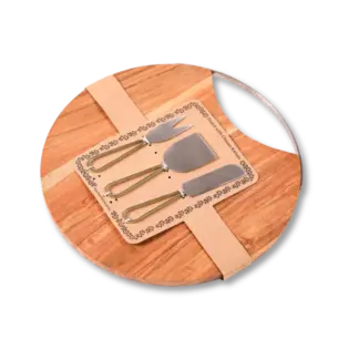 Modern round wooden cheese board with 3-piece knife set