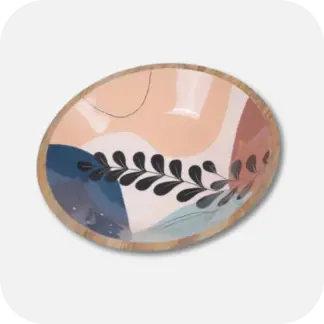 A Round Wooden Decorative Bowl with a leaf pattern, the primary colours are blue, brown dark blue, subtle orange and beige