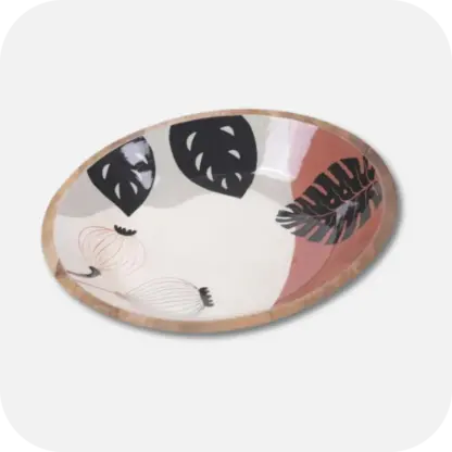 A Round Wooden Decorative Bowl with a poppy pattern, the primary colours are gray, brown charcoal and beige