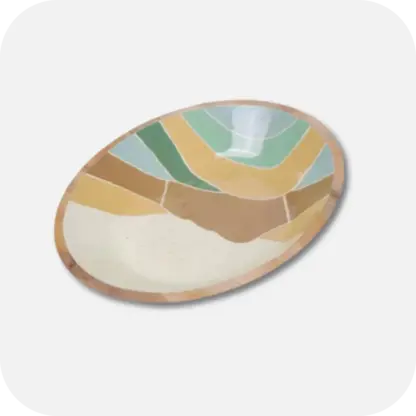An edge-on view of a Round Wooden Decorative Bowl with a wave pattern, the primary colours are earthy blues, browns and green