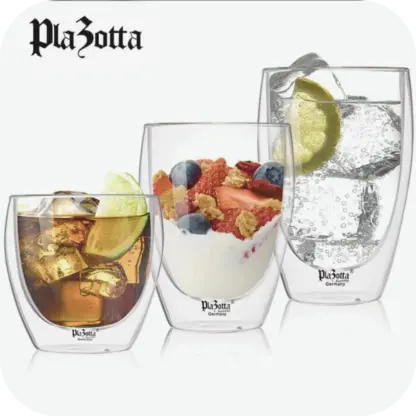 Double walled drinking glasses with various beverages