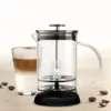 Bialetti Tuttocrema Glass Milk Frother with a glass of coffee latte