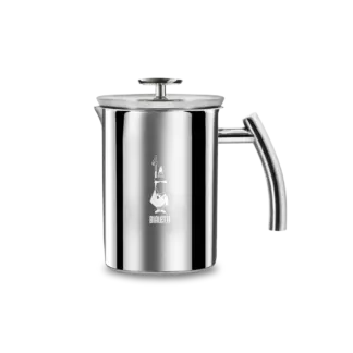 Bialetti Stainless Steel Manual Milk Frother on a glass hob