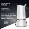 Bialetti Venus Stainless Steel Moka Pot infographic - shape of elegance - stainless steel and high-guage wall body - Suitable for Induction hobs