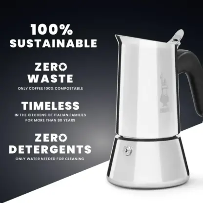 Bialetti Venus Stainless Steel Moka Pot infographic - 100% sustainable - Zero Waste - only coffee 100% compostable - Timeless - Zero detergents.