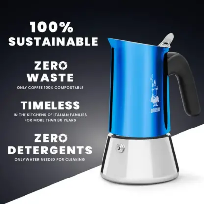 Bialetti Venus Blue Moka Pot infographic - 100% sustainable - Zero Waste - only coffee 100% compostable - Timeless - Zero detergents.