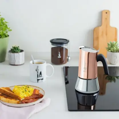 Bialetti Venus Copper Moka Pot serving breakfast
