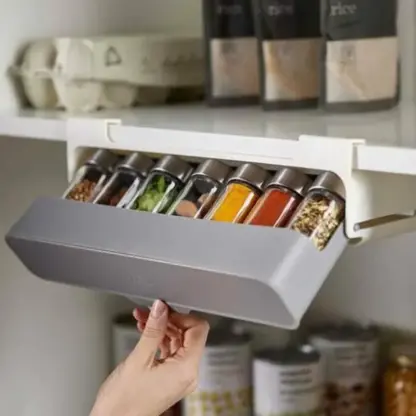 Under Shelf Spice Rack mounted under shelf being closed