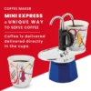 Bialetti Mini Express Kandinsky Moka Pot with one cup on the platform and another next to both filled with coffee. Text: Coffee Maker - MINI EXpress a Unique way to serve coffee -- Coffee is delivered directly in the cups.