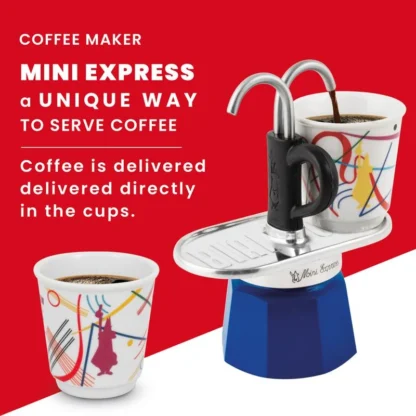 Bialetti Mini Express Kandinsky Moka Pot with one cup on the platform and another next to both filled with coffee. Text: Coffee Maker - MINI EXpress a Unique way to serve coffee -- Coffee is delivered directly in the cups.