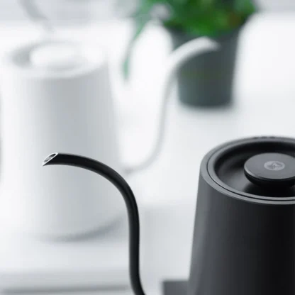 Pour Over Kettle With Digital Temperature Control Black zoomed in on gooseneck spout with white kettle in background