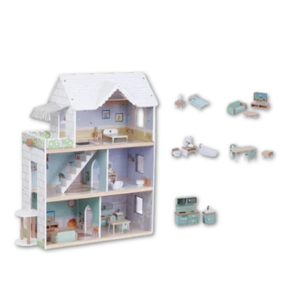 Wooden Doll's House viewed from the left front showing the elevator. Detail of the furniture to the right of the Wooden Doll's House.
