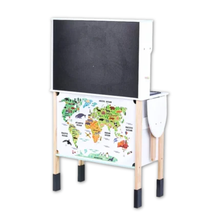 Wooden Kitchen Playset viewed from back with world map and black board