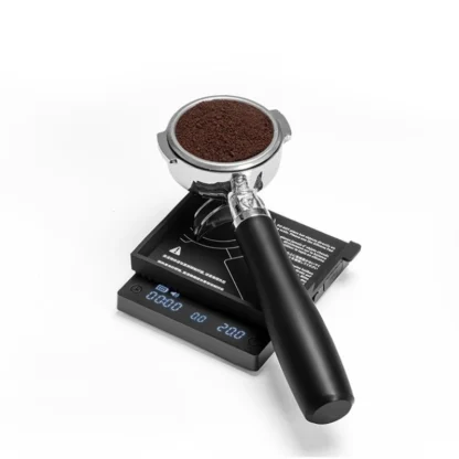 Black Mirror Mini Coffee Scale – Ultra-Thin Precision for Espresso & Pour-Over with pad flipped over as support for porta handle