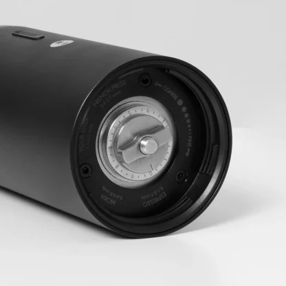 Whirly 01S Portable Electric Coffee Grinder on side showing the grind adjustment