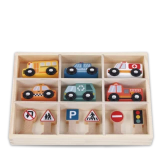 Zookabee wooden toy car set and traffic signs in wood storage box