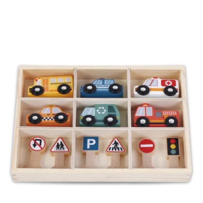 Zookabee wooden toy car set and traffic signs in wood storage box