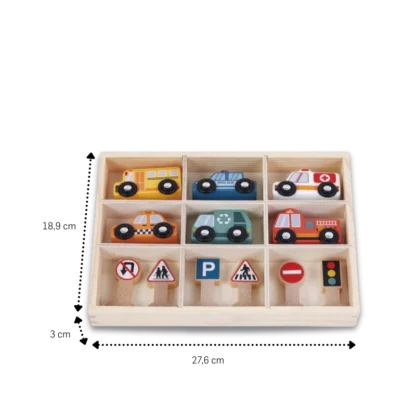 Dimensions of Zookabee wooden toy car set and traffic signs