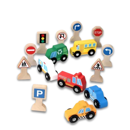 Random display of Zookabee wooden toy car set and traffic signs