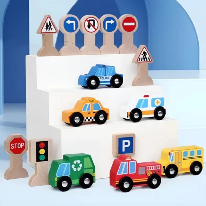 Zookabee wooden toy car set and traffic signs on display