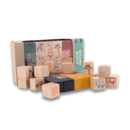 On Safari Building Blocks packaging with building blocks in foreground