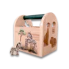 On Safari Shape Sorter Toy with Zebra piece in foreground with Zebra scene of Shape sorter toy in background