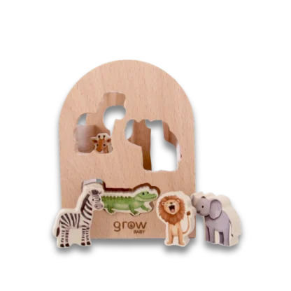 On Safari Shape Sorter Toy with Zebra, Lion, Elephant and Crocodile pieces in foreground