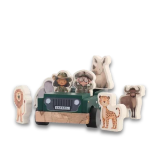 On Safari Wooden Toy Car Play Set with big five shapes