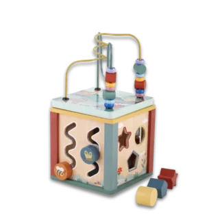 Zookabee Wooden Activity Cube with cylinder, pentagon and star shapes in foreground