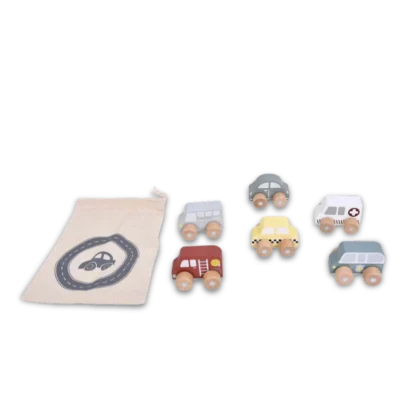 Zookabee Wooden Toy Car set with carry bag on the left