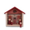 Daisy House Play Set front on view of wooden toy house with on peg doll in the fore ground