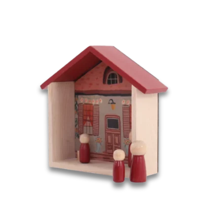 Daisy House Play Set showing wooden toy house with two pegs out side