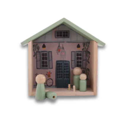 Fynbos House Play Set frontal view with two peg dolls in the foreground