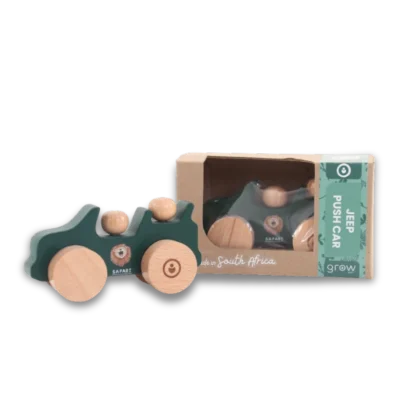 Jeep Wooden Toy Push Car displayed next to packaging