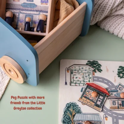 Little Greyton Peg Puzzle shown with block cart and fynbos house from the same the collection