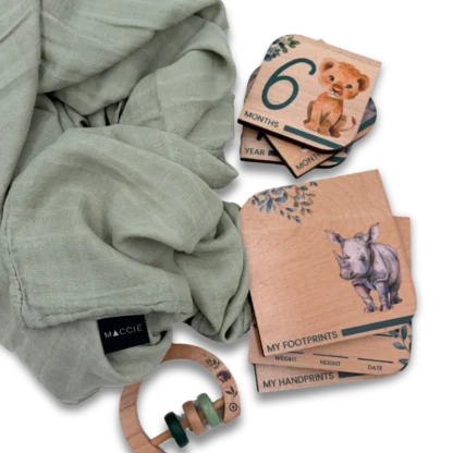 Luxury Baby Gift Set On Safari, swaddle, milestone disks and rattle