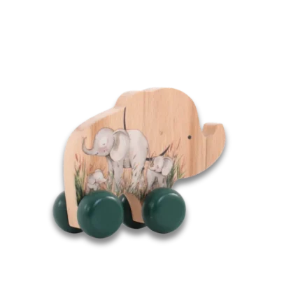 Wooden Elephant Push Toy oblique view from behind