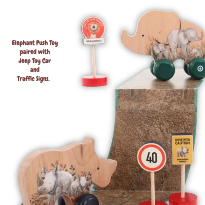 Wooden Elephant Push Toy on display with other members of the On Safari family