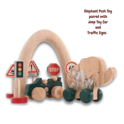 Wooden Elephant Push Toy on display with traffic signs and jeep push car